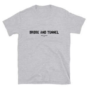 Able Citizens Bridge and Tunnel slogan on chest tee in grey with black font. Things New Yorkers Say collection. 